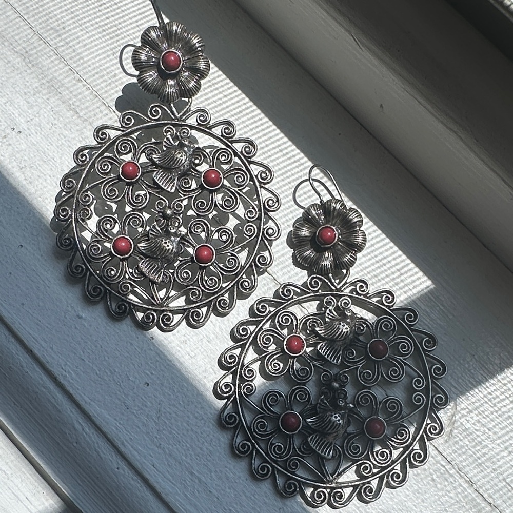 Elegant Silver and Red Filigree Earrings purchased at All Saints